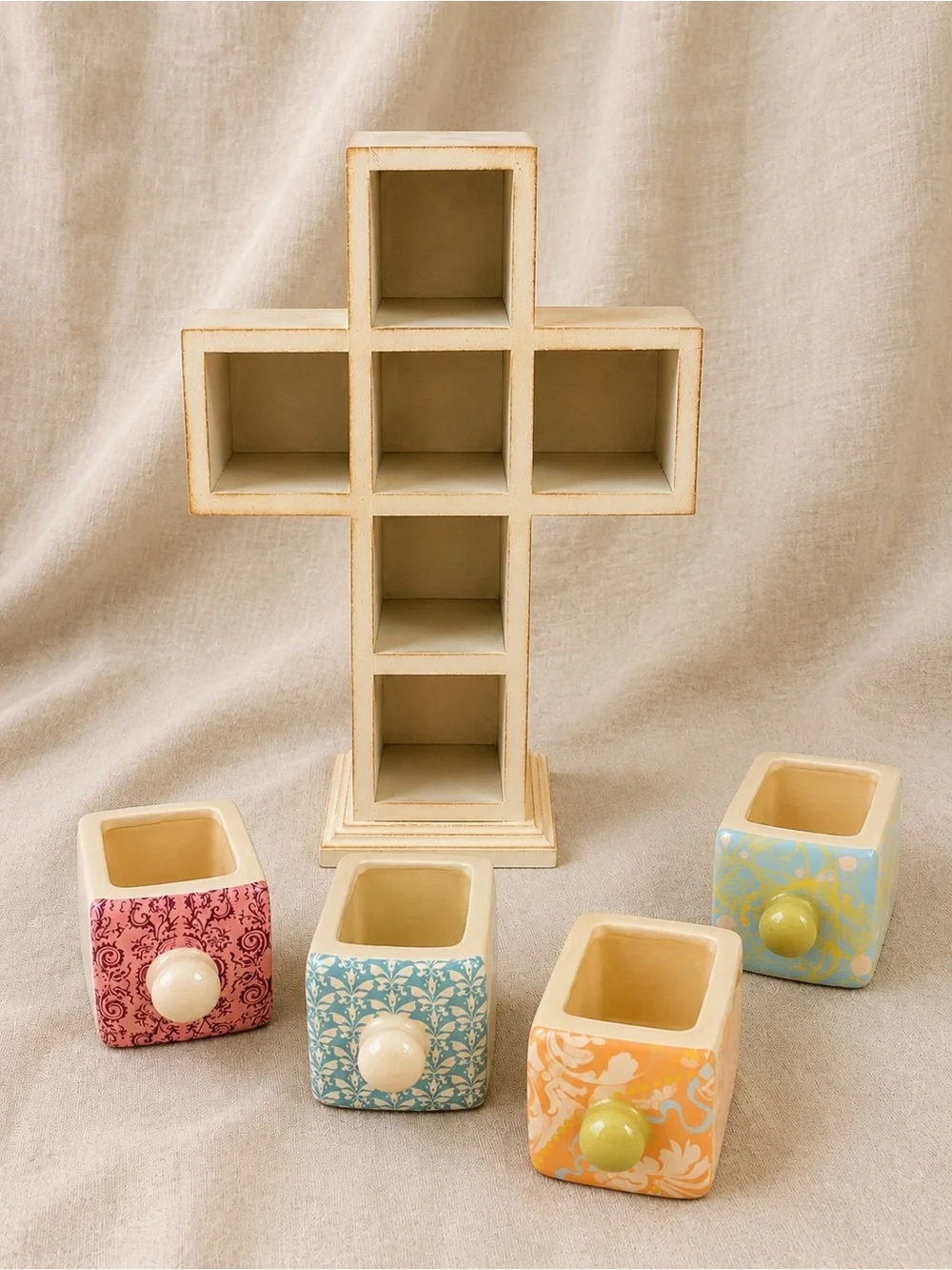 Cross Shaped Tea Bag Organizer • Wood & Ceramic Drawers | Jewelry Organizer